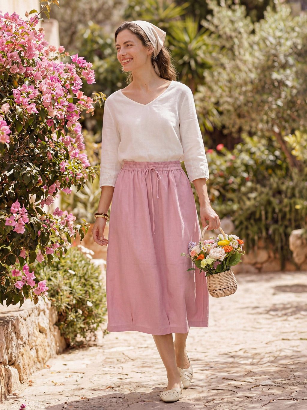 LINTICO 100% Linen Drawstring Lantern Maxi Skirt with Pockets ROXANNE — construction detail