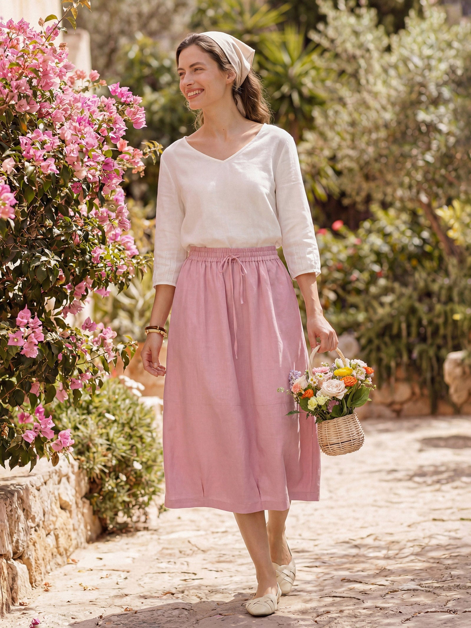 LINTICO 100% Linen Drawstring Lantern Maxi Skirt with Pockets ROXANNE — construction detail