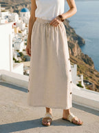 LINTICO 100% Linen Button-Trim Slit Skirt ASTRA — construction detail