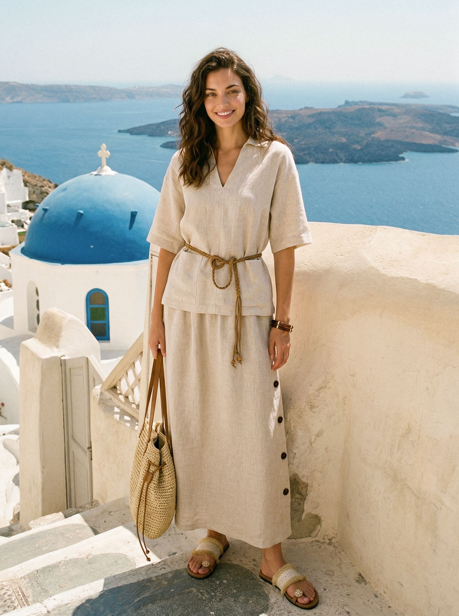 LINTICO 100% Linen Button-Trim Slit Skirt ASTRA — bottoms-skirts-linen category context