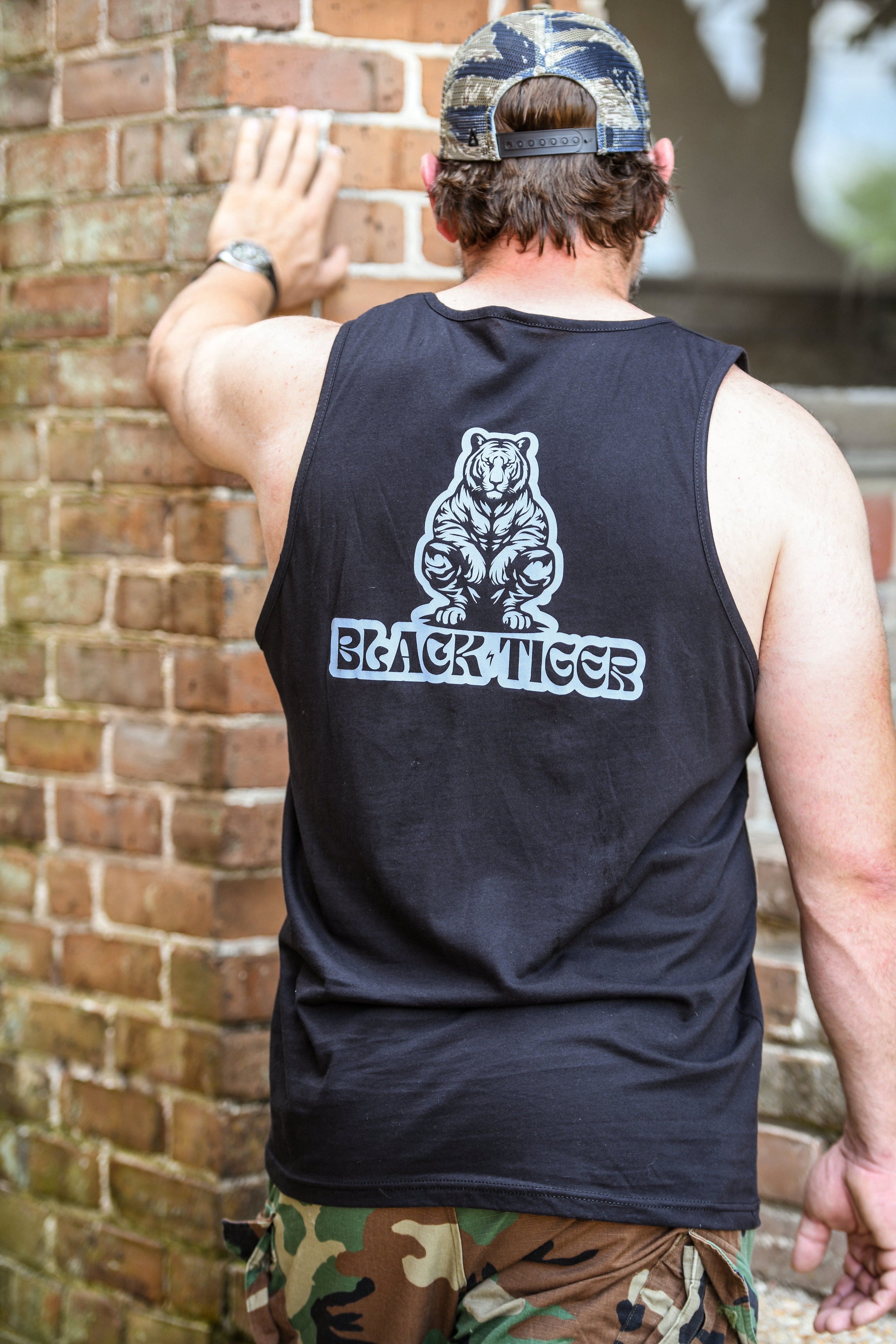 Black Tiger International Men's Tank Top — branding close-up