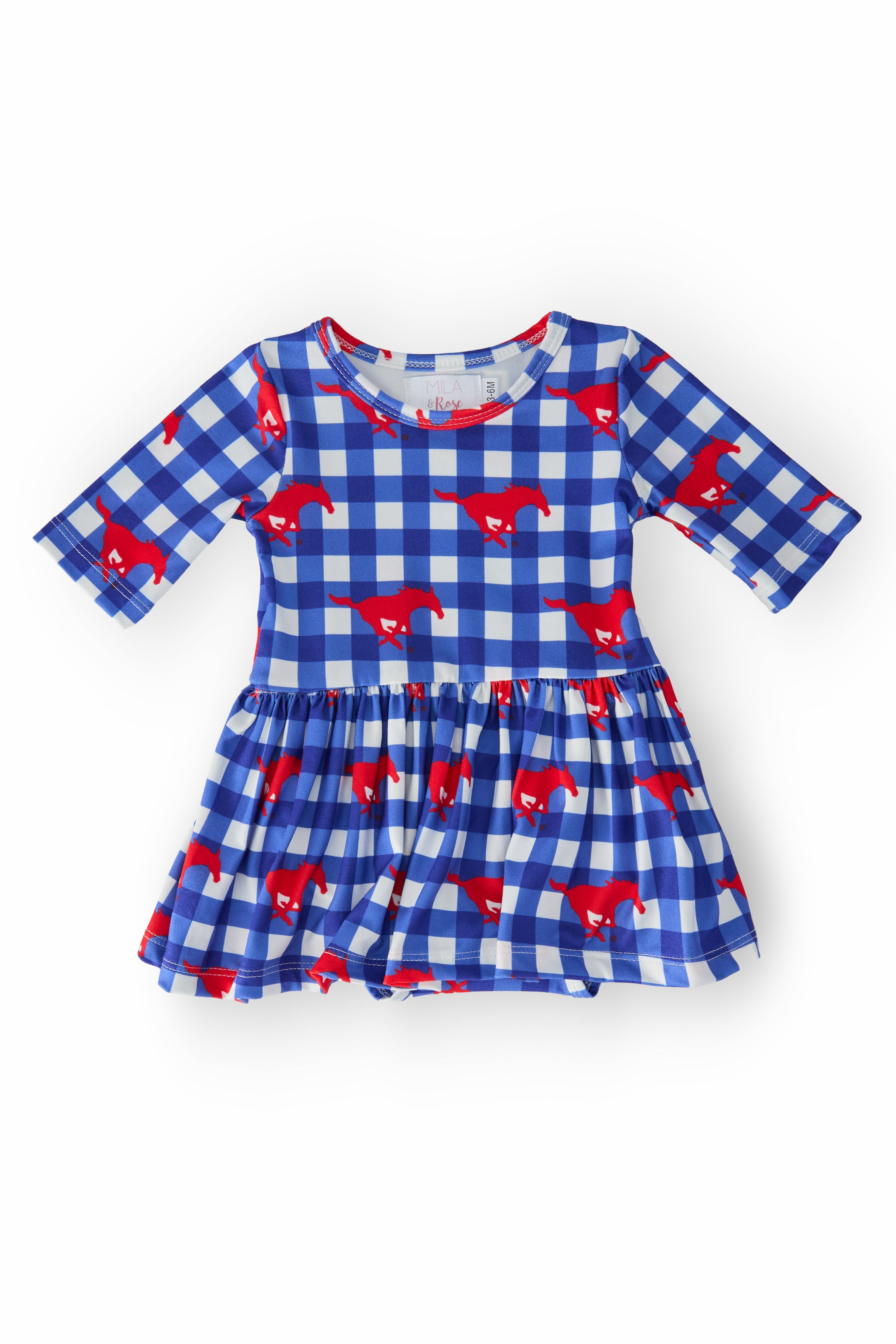 Mila & Rose ® SMU Plaid Mustang 3/4 Sleeve Twirl Bodysuit — main product shot