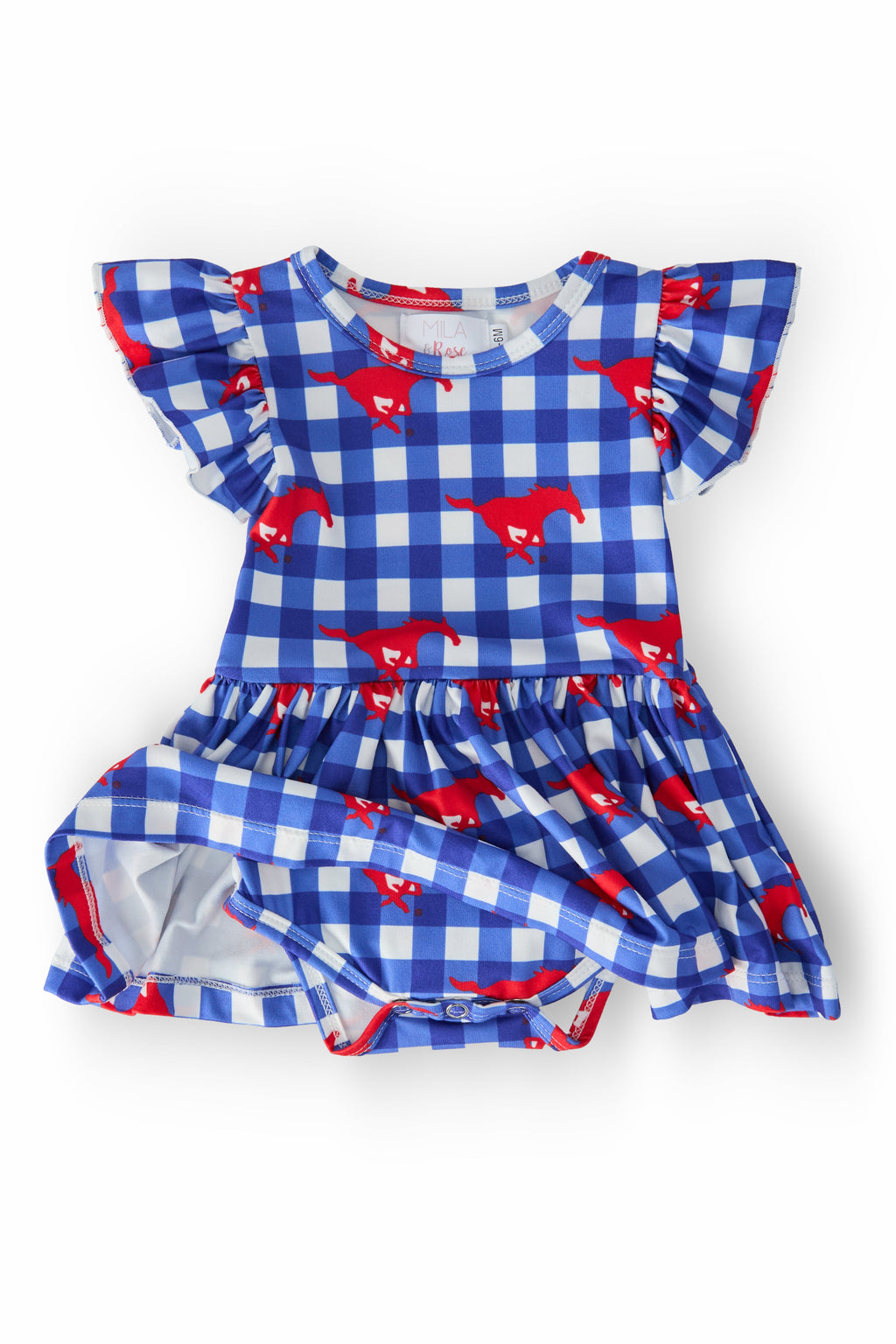 Mila & Rose ® SMU Plaid Mustang Flutter Twirl Bodysuit — detail close-up