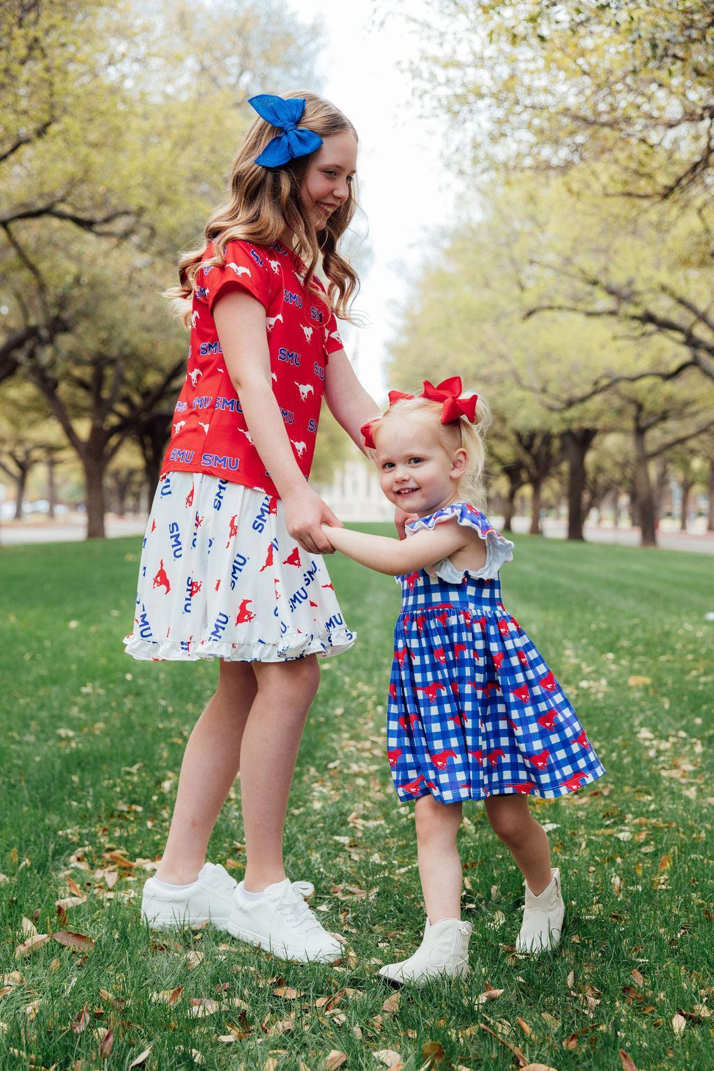 Mila & Rose ® SMU Plaid Mustang Flutter Twirl Dress — detail close-up