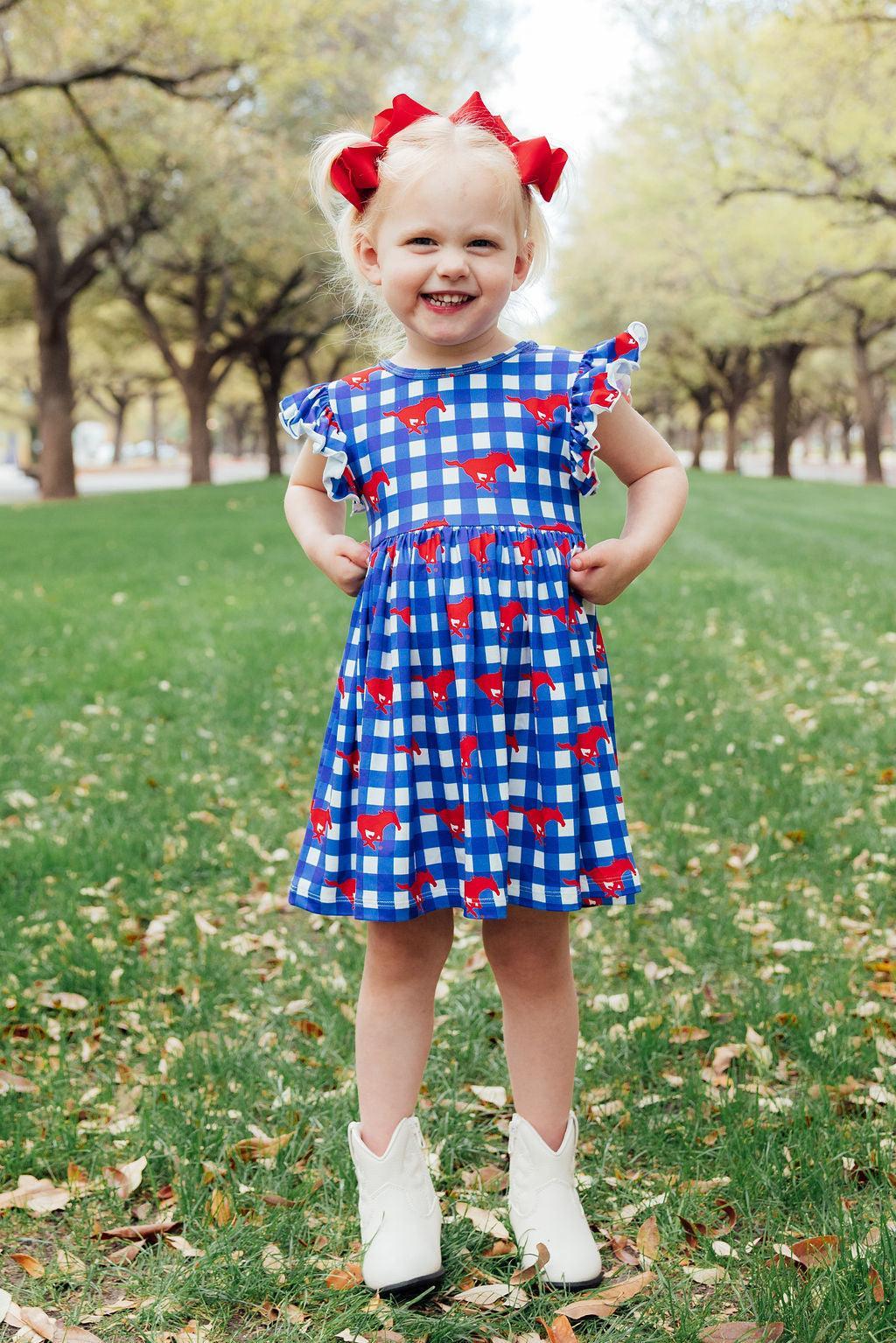 Mila & Rose ® SMU Plaid Mustang Flutter Twirl Dress — lifestyle context