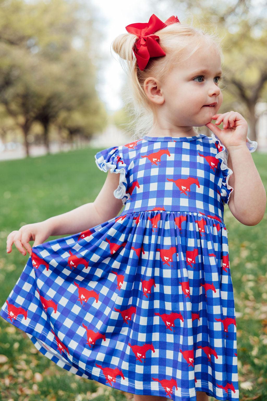 Mila & Rose ® SMU Plaid Mustang Flutter Twirl Dress — back view