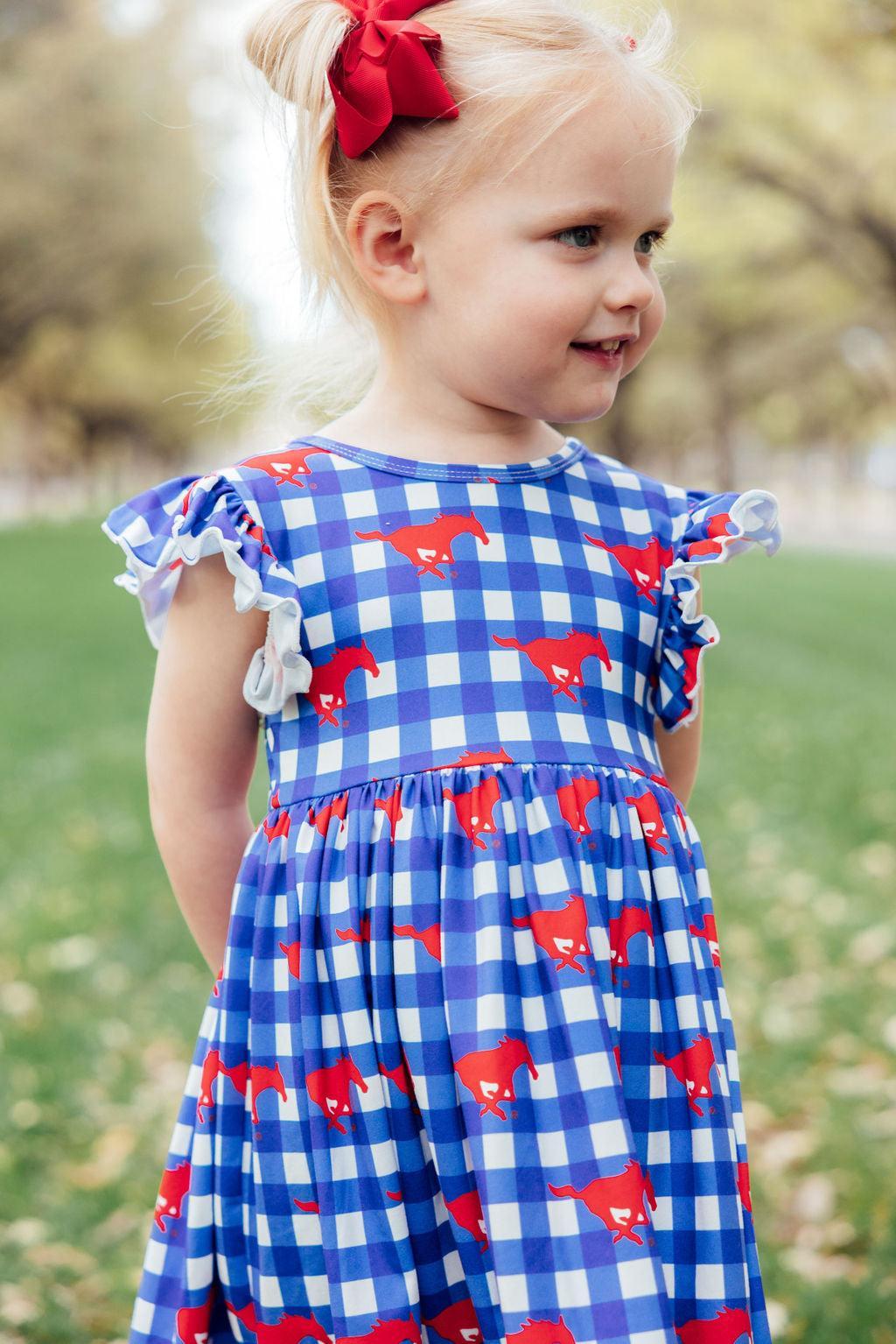Mila & Rose ® SMU Plaid Mustang Flutter Twirl Dress — in-use photo