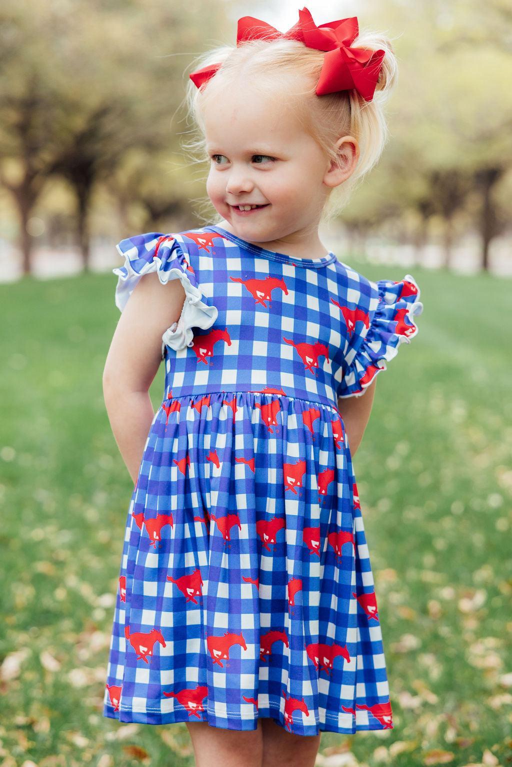 Mila & Rose ® SMU Plaid Mustang Flutter Twirl Dress — main product shot