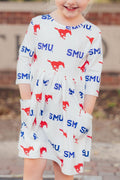 Mila & Rose ® SMU White Mustang 3/4 Sleeve Pocket Twirl Dress — main product shot