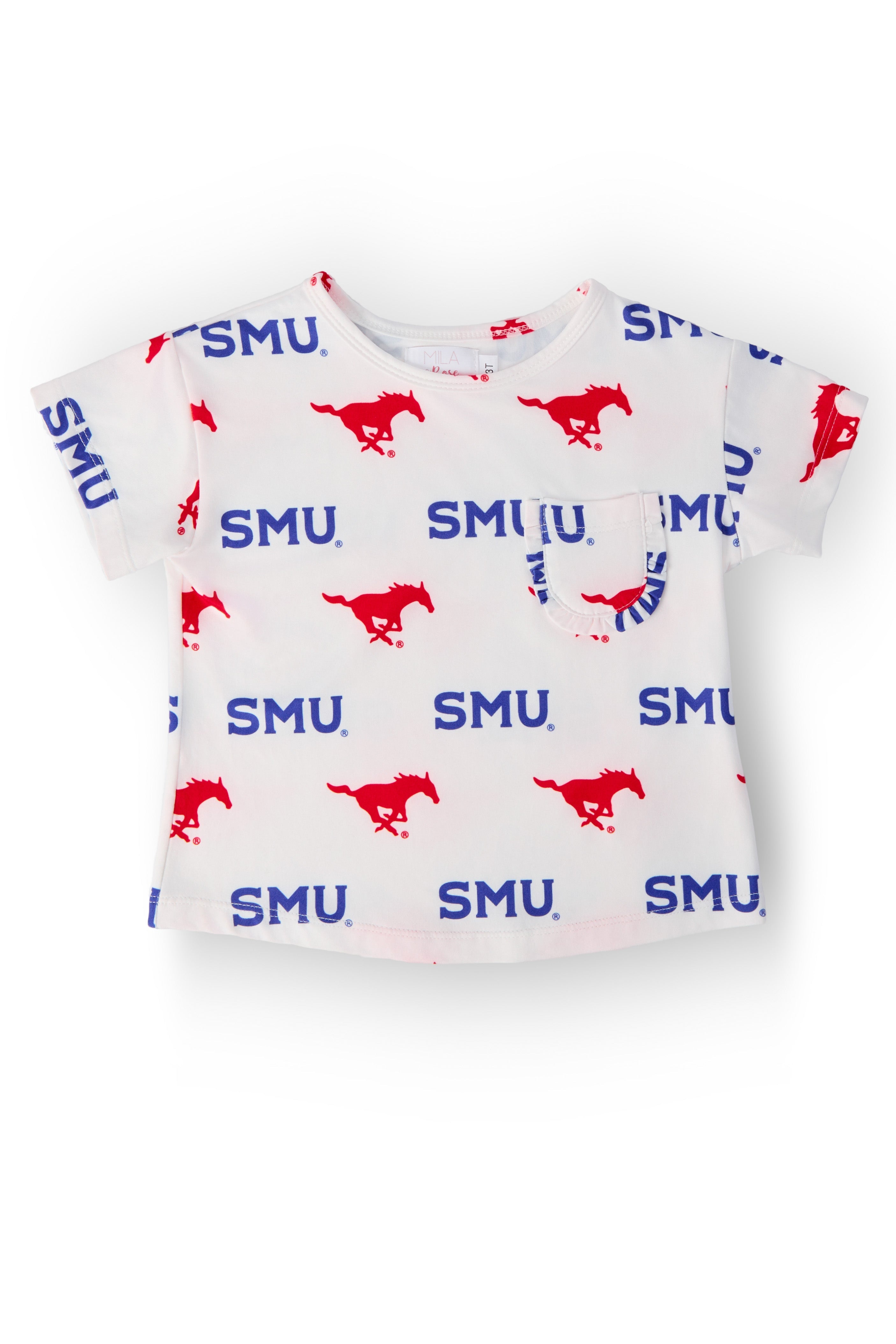 Mila & Rose ® SMU White Mustang Ruffle Pocket Tee — main product shot
