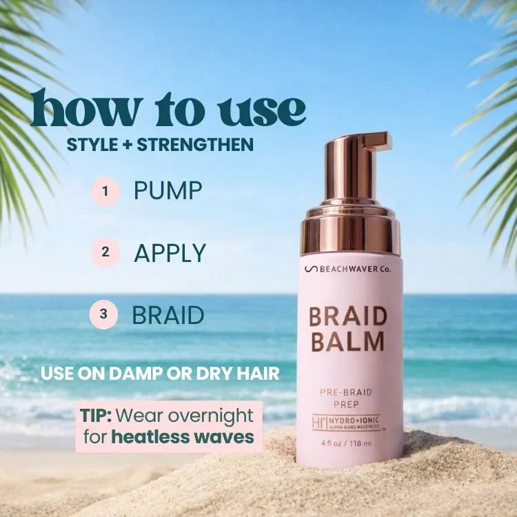 The Beachwaver Co. Braid Balm Pre-Braid Prep — flat-lay composition