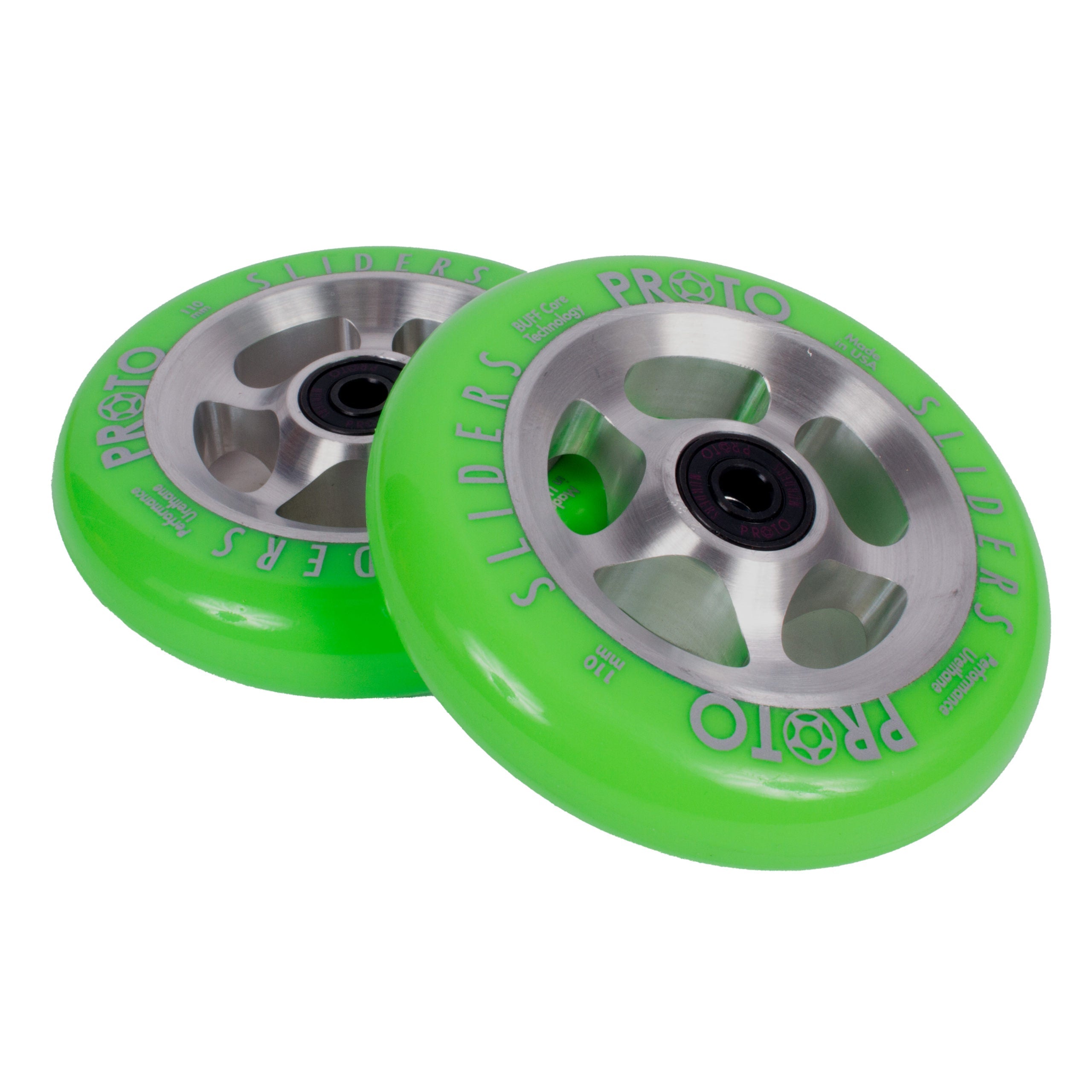 Proto StarBright Sliders Wheels 110mm - Neon Green on Raw (Pair)