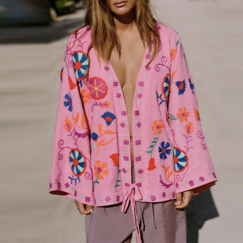 Women's V-Neck Lace Up Flare Cardigan Embroidered Pink