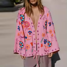 Women's V-Neck Lace Up Flare Cardigan Embroidered Pink
