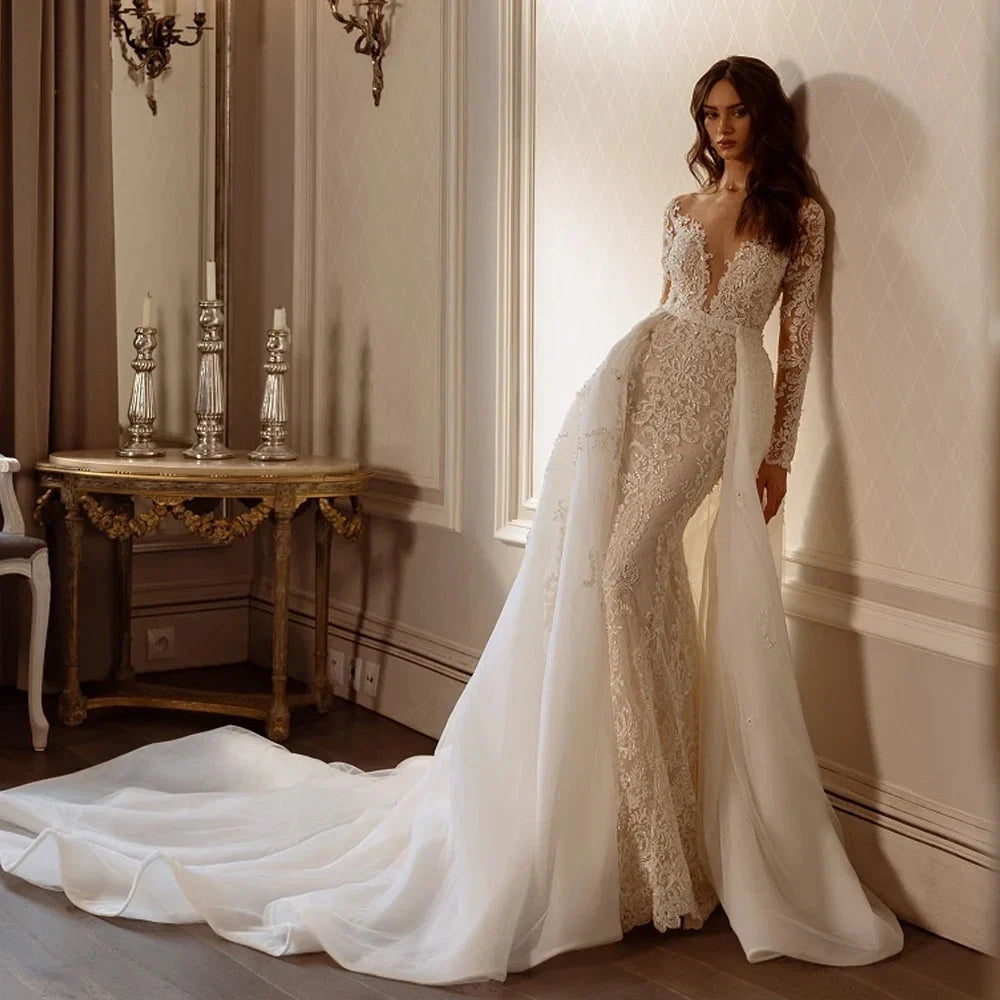 Envy NYC Mermaid Backless Bridal Gowns Lace Appliques & Long Sleeves — construction detail