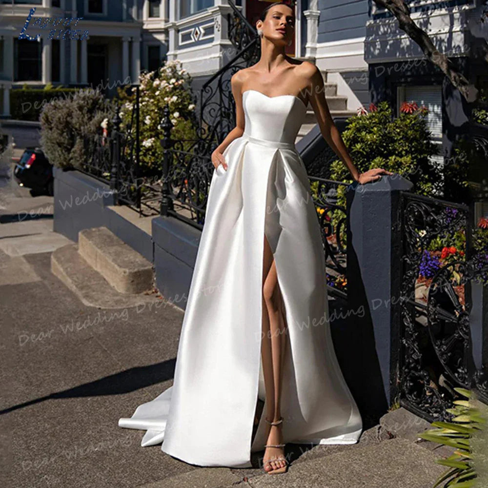 Envy NYC Envy NYC Satin Strapless Sleeveless A Line Bridal Gown — construction detail