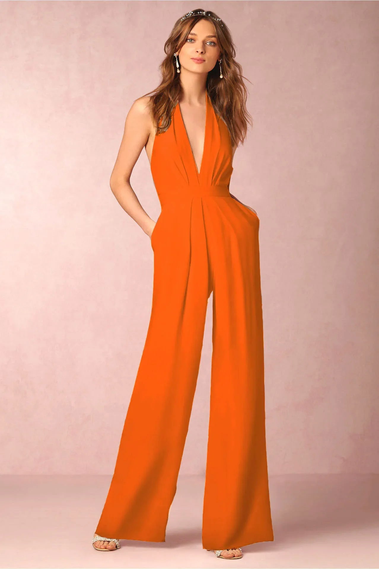 Envy NYC Women Deep V-neck Sleeveless Halter Wide Leg Jumpsuit — detail shot 9
