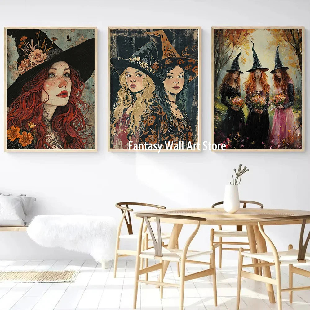 Perfecsy Witch Magical Art Print Witch with Full Moon Wall Decor Darkness Witches Painting Wall Decor Canvas Poster Dark Roma