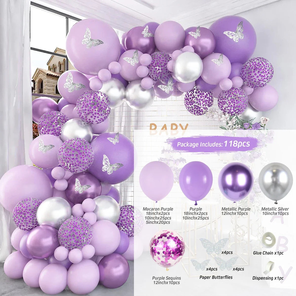 Perfecsy Purple Butterfly Balloons Garland Arch Kit Latex Ballon Birthday Party Decor Kids Adult Wedding Baloon Baby Shower D