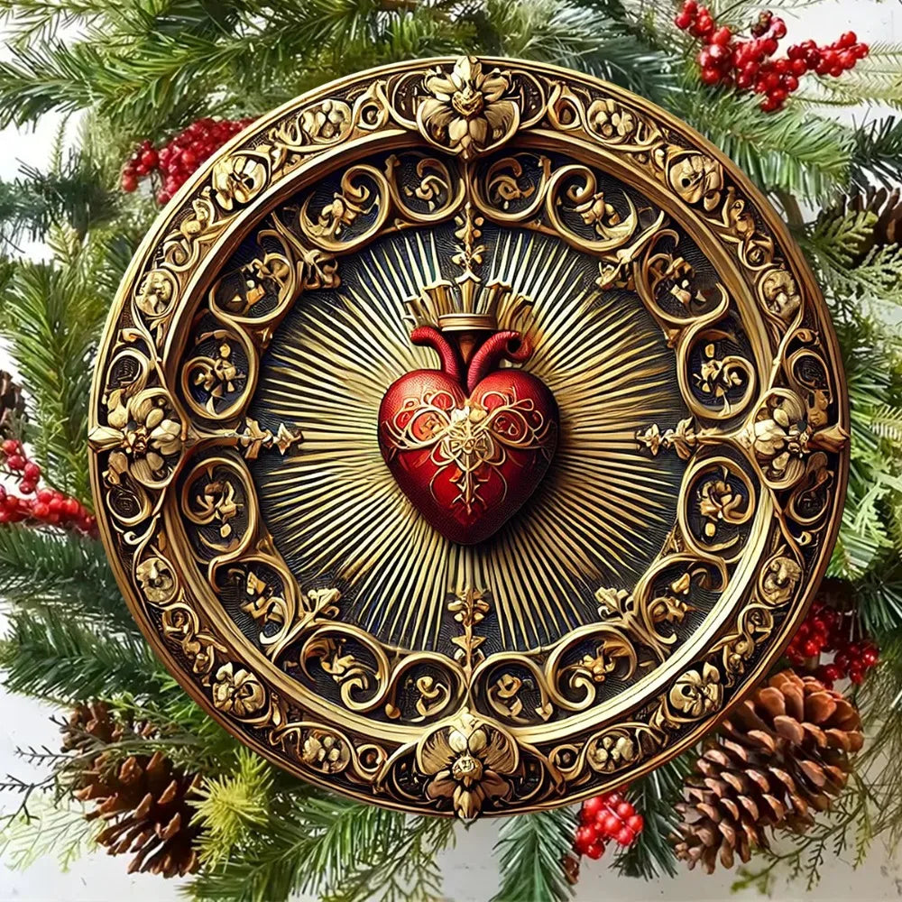 Perfecsy Vintage Sacred Heart Aluminum Wall Art - Golden Red Religious Decor, Home Office Spiritual Art — back view