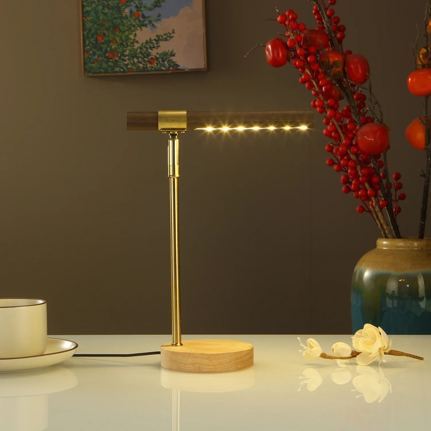 Perfecsy Wooden LED Table Lamp USB Powered Desk Lamp with 180° Adjustable Angle Night Light Minimalist Bedside Lamp for Bedro