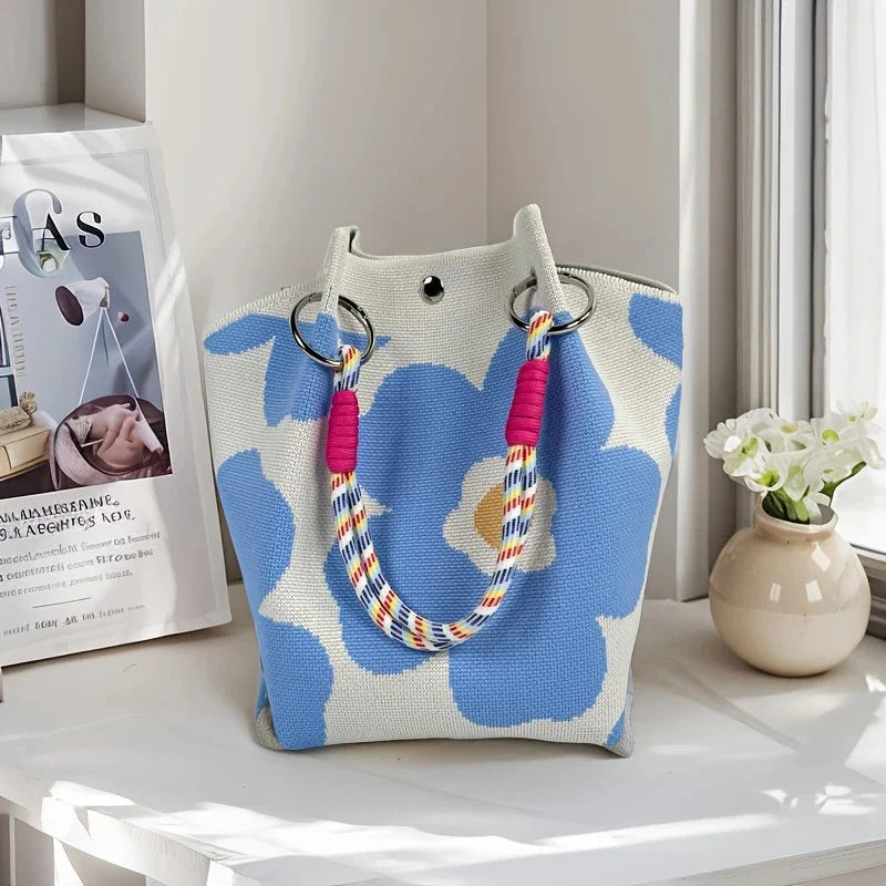 Perfecsy Women's Vintage Floral Knit Tote Bag Storage Bag Lightweight with Adjustable Straps & Metal Rings Snap Closure for C