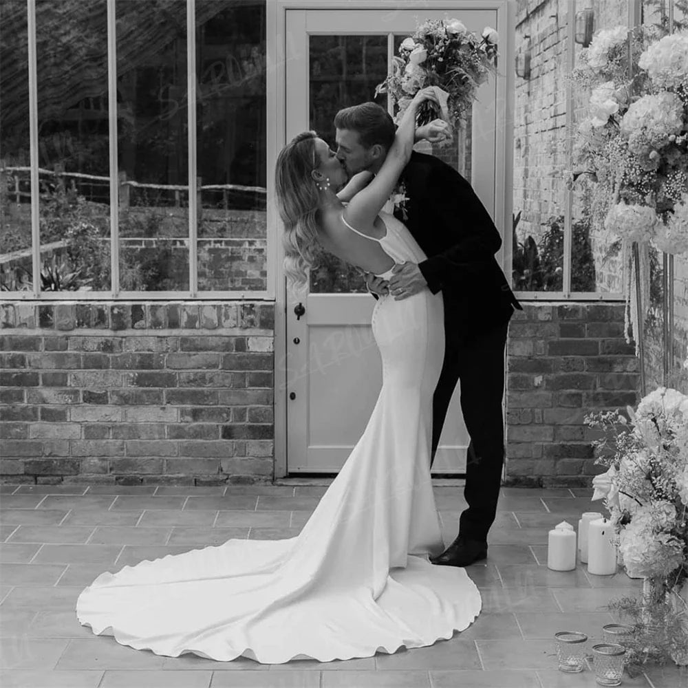 Envy NYC Envy NYC Modern Satin Wedding Dress — lifestyle worn / used context