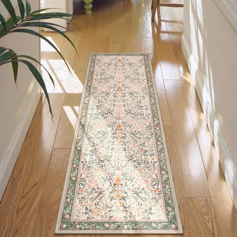 Perfecsy Victorian Retro Bird Floral Runner Rug Light Beige Background Soft Pastel Color Ideal For Vintage Themed Home Hallwa