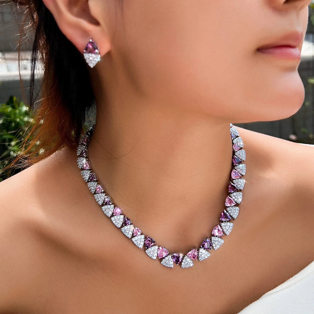 MyClosetAid Pink Purple Triangle CZ Crystal Necklace Earring Set — detail close-up