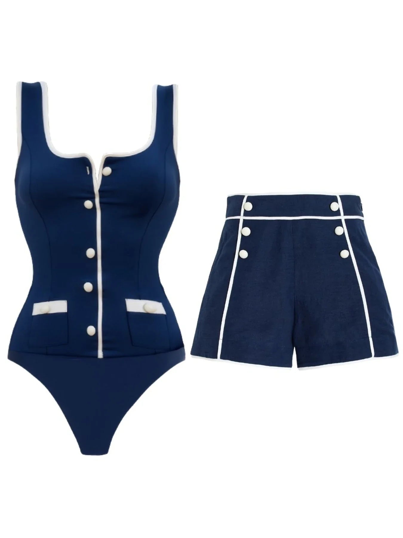 Women's Bandeau Button One Piece Swimsuit and Beach Shorts Blue