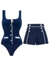 Women's Bandeau Button One Piece Swimsuit and Beach Shorts Blue