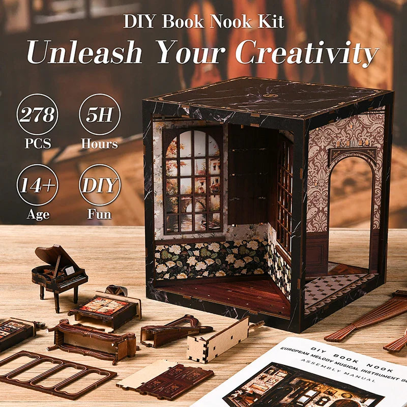 European Melody Musical Instrument Box DIY Miniature House, 3D Puzzle Bookend Model, Wooden Bookend. Creative Gift
