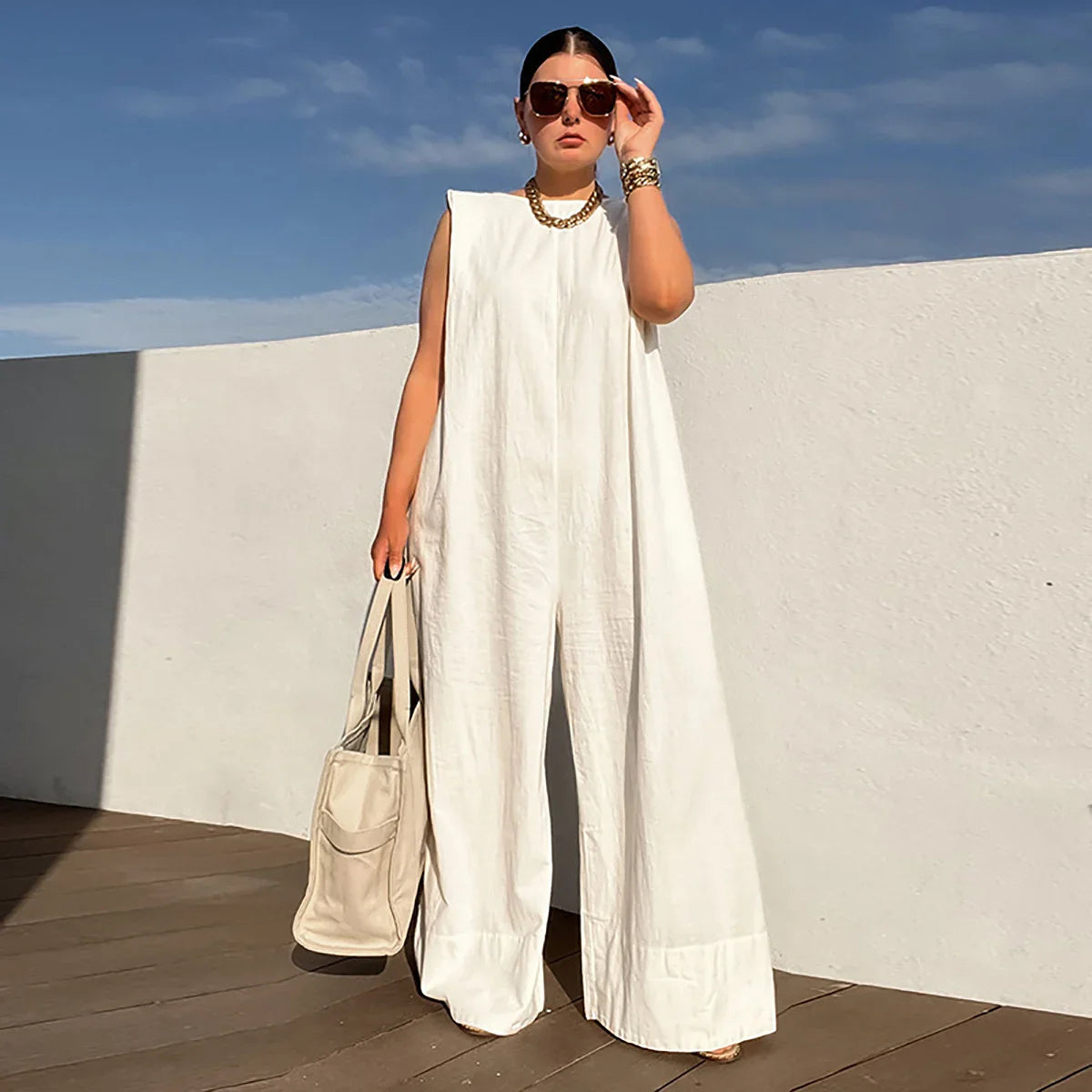 Envy NYC Envy NYC Sleeveless Wide Leg Fitness Jumpsuit — construction detail