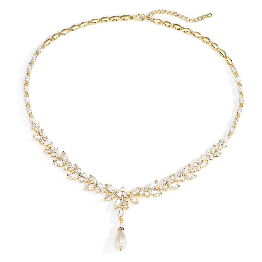 Envy NYC Marquise Cut Cubic Zircon Leaf Bridal Necklace & Earrings — feature highlight