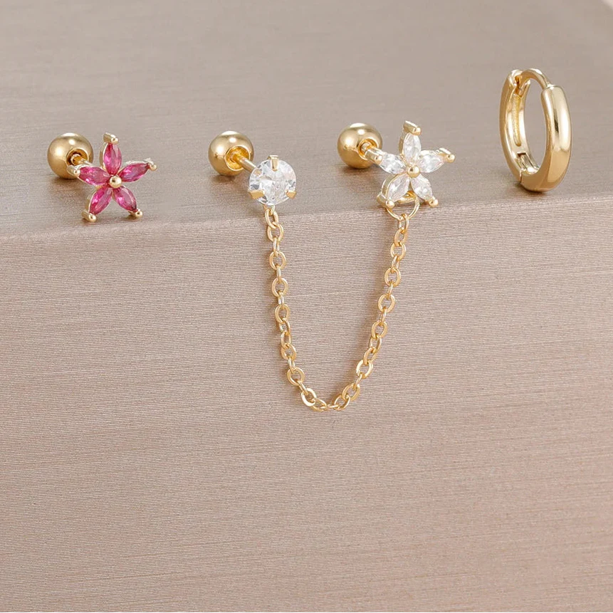 SORI STYLE 3PCS Zircon Flower Ear Stud Earrings — product on model