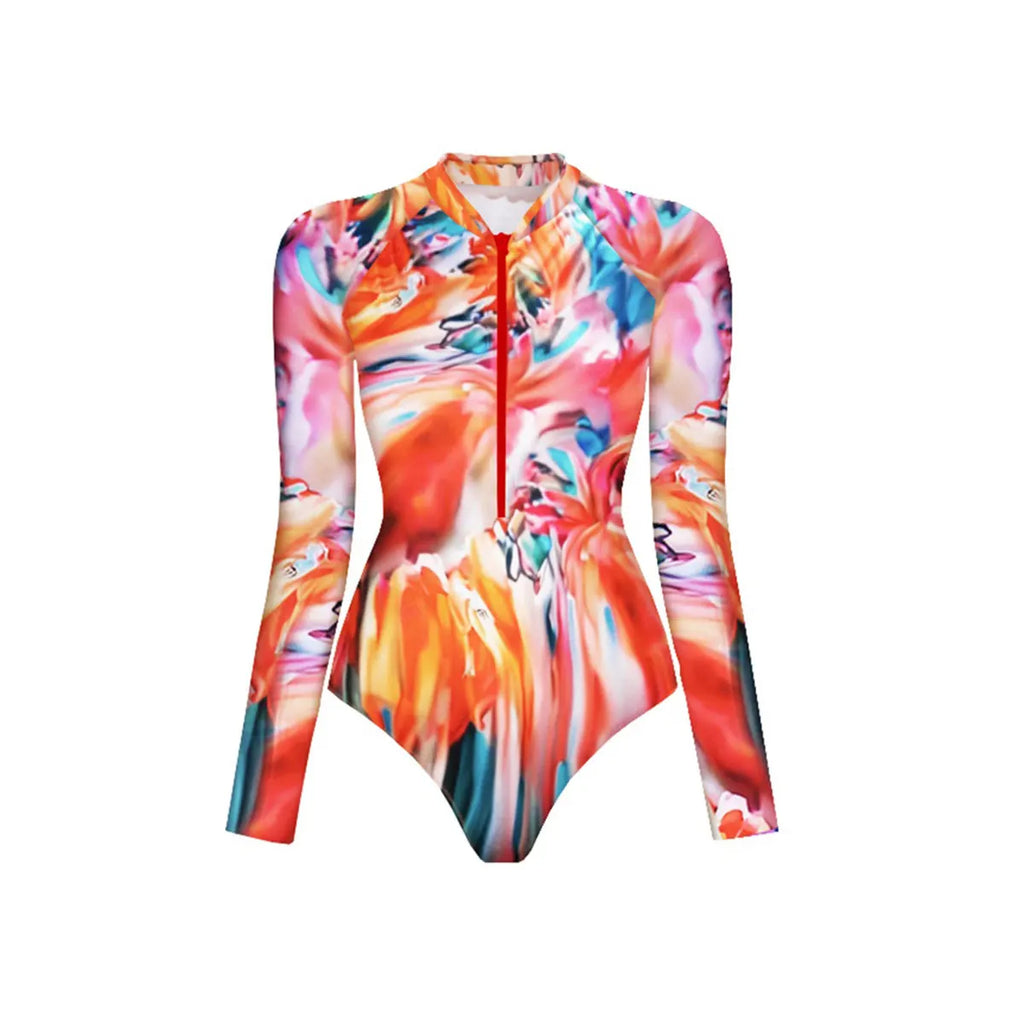 WAVECHO Women's Long Sleeve Zip Front One Piece Swimsuit Floral