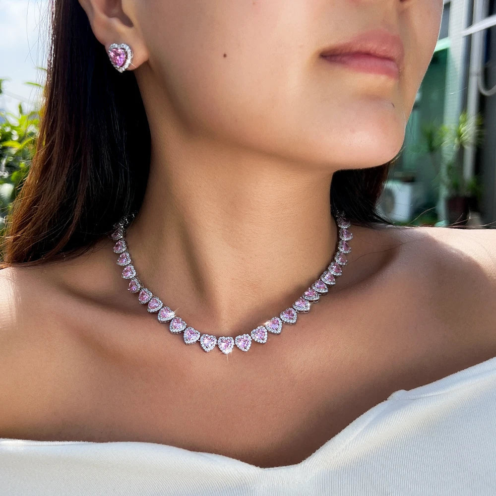 MyClosetAid Pink Cubic Zirconia Big Heart Shape Necklace Earrings Set — lifestyle context