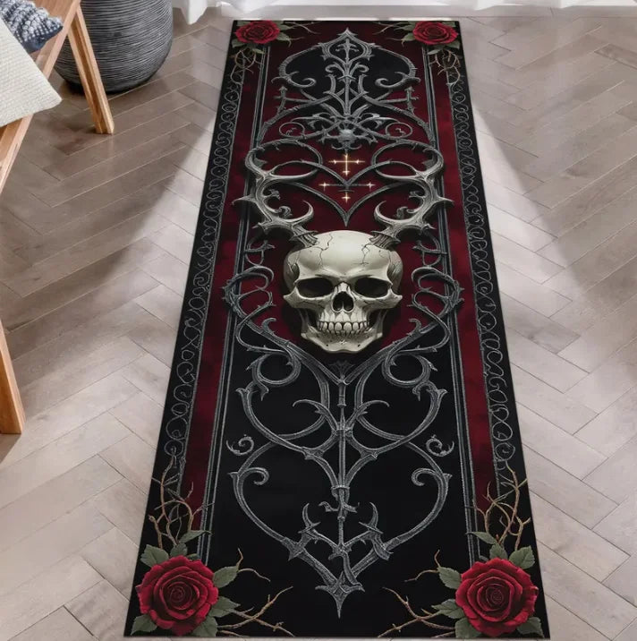 Perfecsy Skull Pattern Gothic Runner Rug Red Black Rose Decor Carpet Soft Non-Slip Art Home Decor Mat for Hallway Living Room