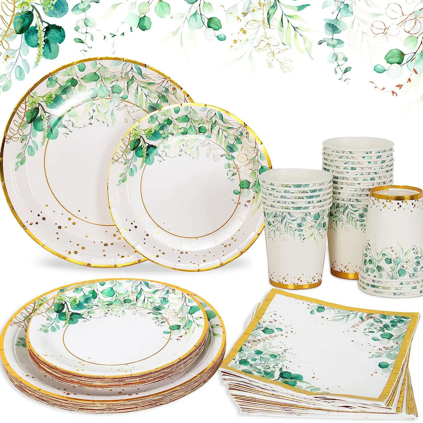 Perfecsy Sage Green Leaves Disposable Tableware Gold Edge Paper Plate Cup Napkins Wedding Decor Birthday Hawaiian Party Decor
