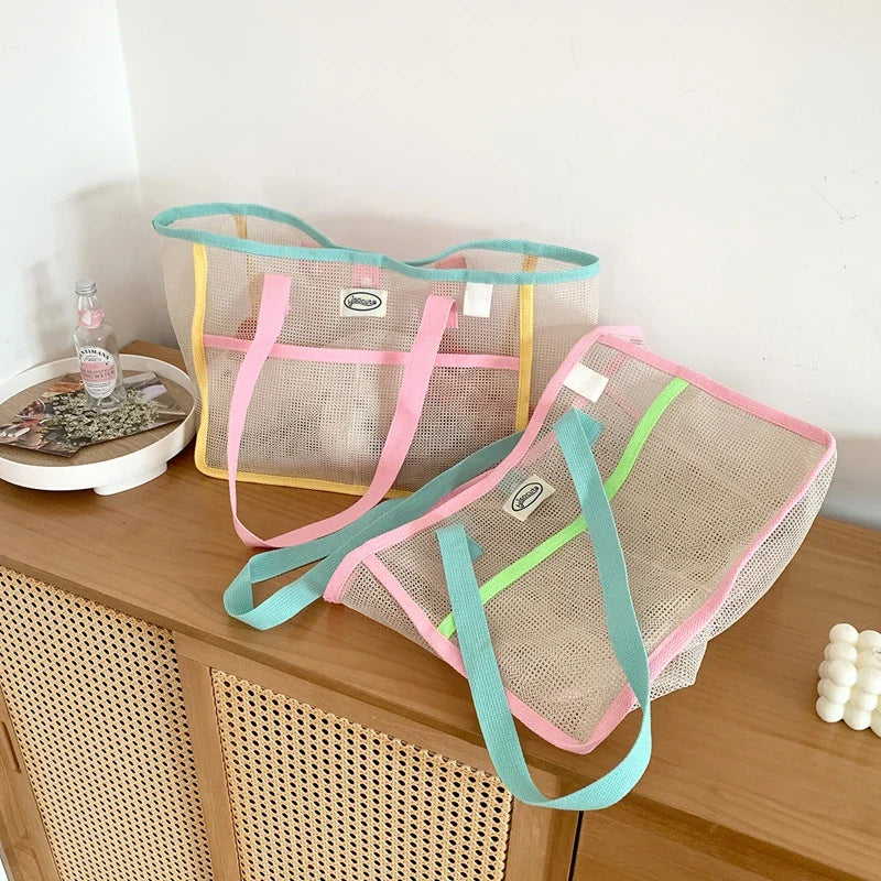 Perfecsy Ladies Summer Transparent Mesh Breathable Handbag Outdoor Beach Shower Handbag Large Capacity Beach Bags Portable Sw