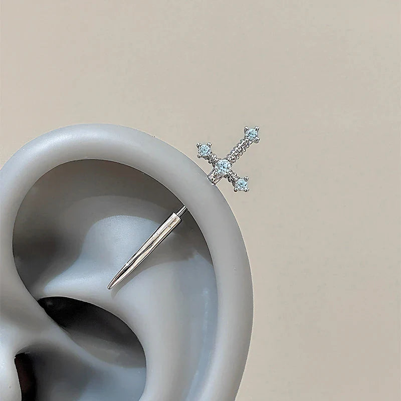 MyClosetAid New Fashion Love Wings Cross Stainless Steel Ear Bone Nail Shiny Zircon Trendy Thread Earring for Women Body Pier