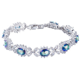 Mystical Rainbow Cubic Zirconia Crystal Flower Silver Plated Bracelet