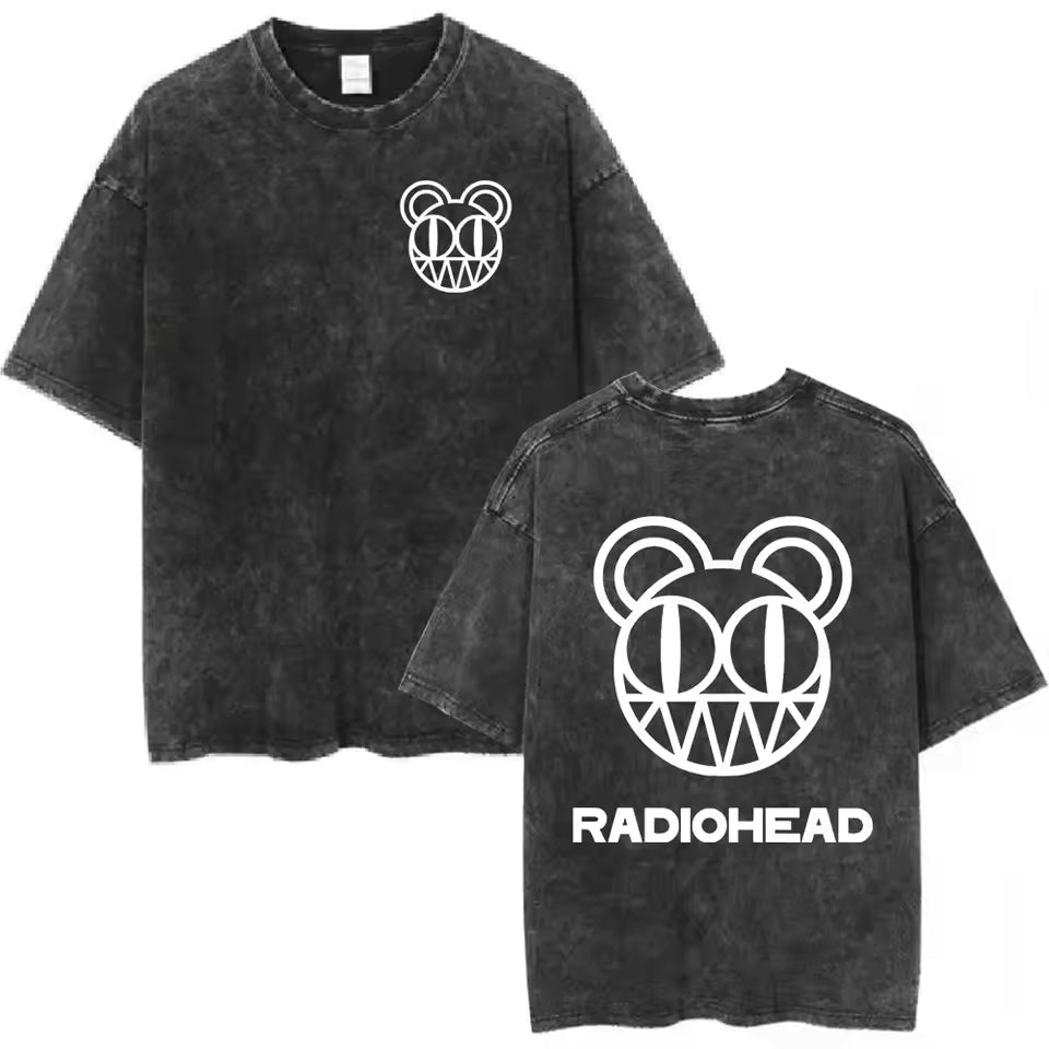 Radiohead Rock Band Washed Cotton T-Shirt – Retro Alternative Rock Graphic Tee, Vintage Distressed Heavyweight Style Unisex Concert Top