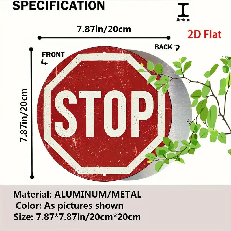 Perfecsy [2D Flat] Vintage Stop Sign Aluminum Wall Art -Round Retro Traffic Symbol Poster, Perfect for Bar, Cafe, Beach House