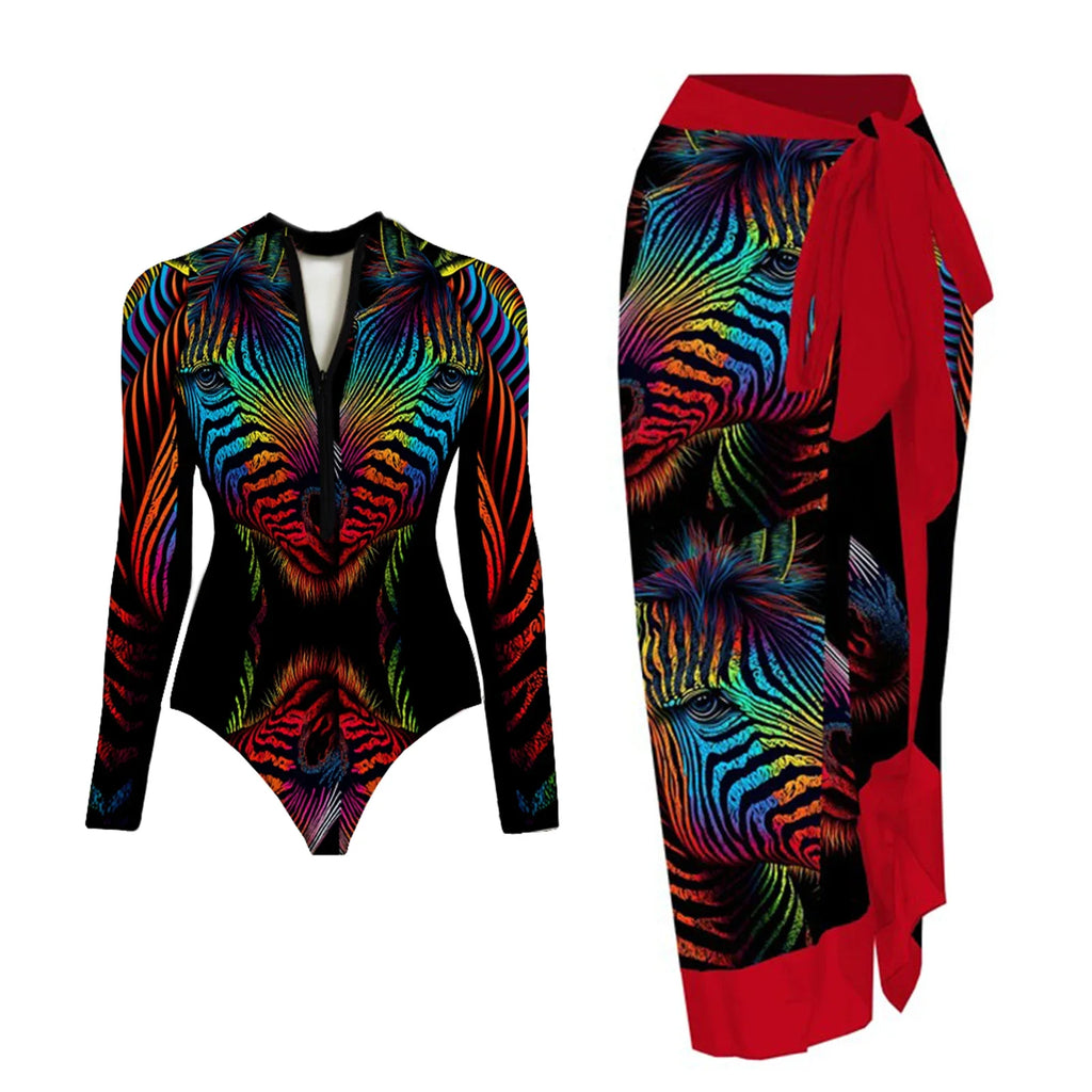 WAVECHO Women's Long Sleeve Zip Front One Piece Swimsuit Floral