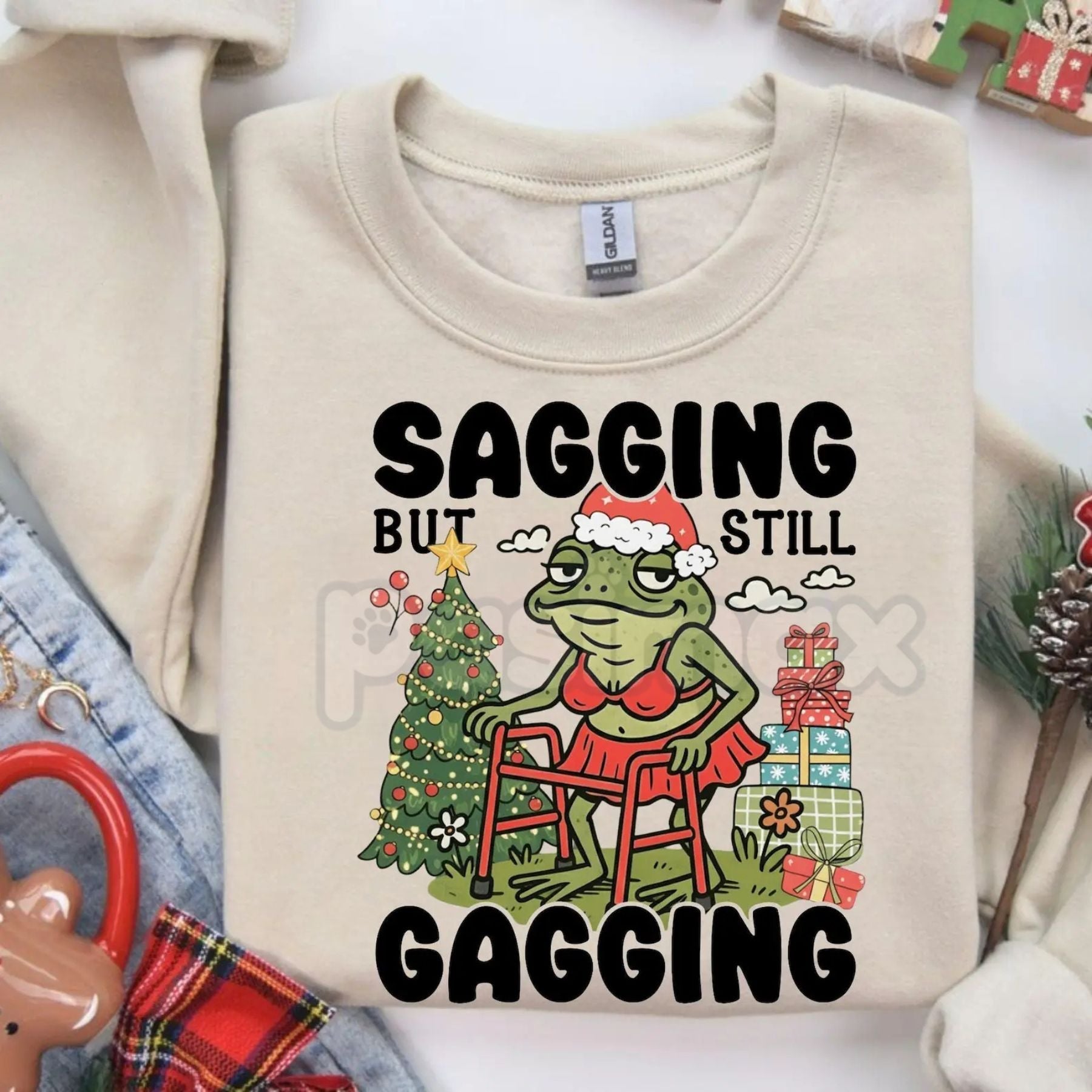 Pasimax "Sagging But Still Gagging" Funny Christmas Meme Frog Sweatshirt – Sarcastic Holiday Crewneck — main product shot