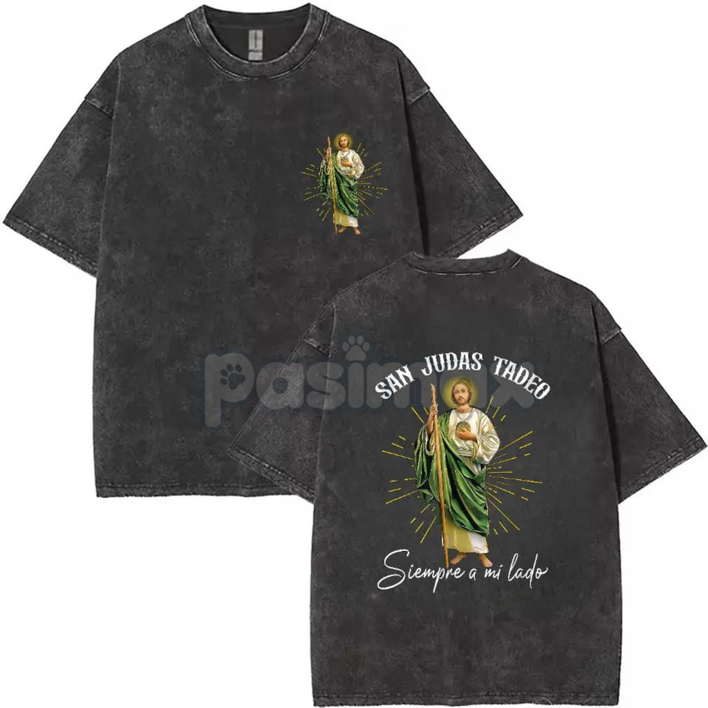 Pasimax San Judas Tadeo T-Shirt – Double Sided Washed Vintage Graphic Tee, Patron Saint of Lost Causes — main product shot