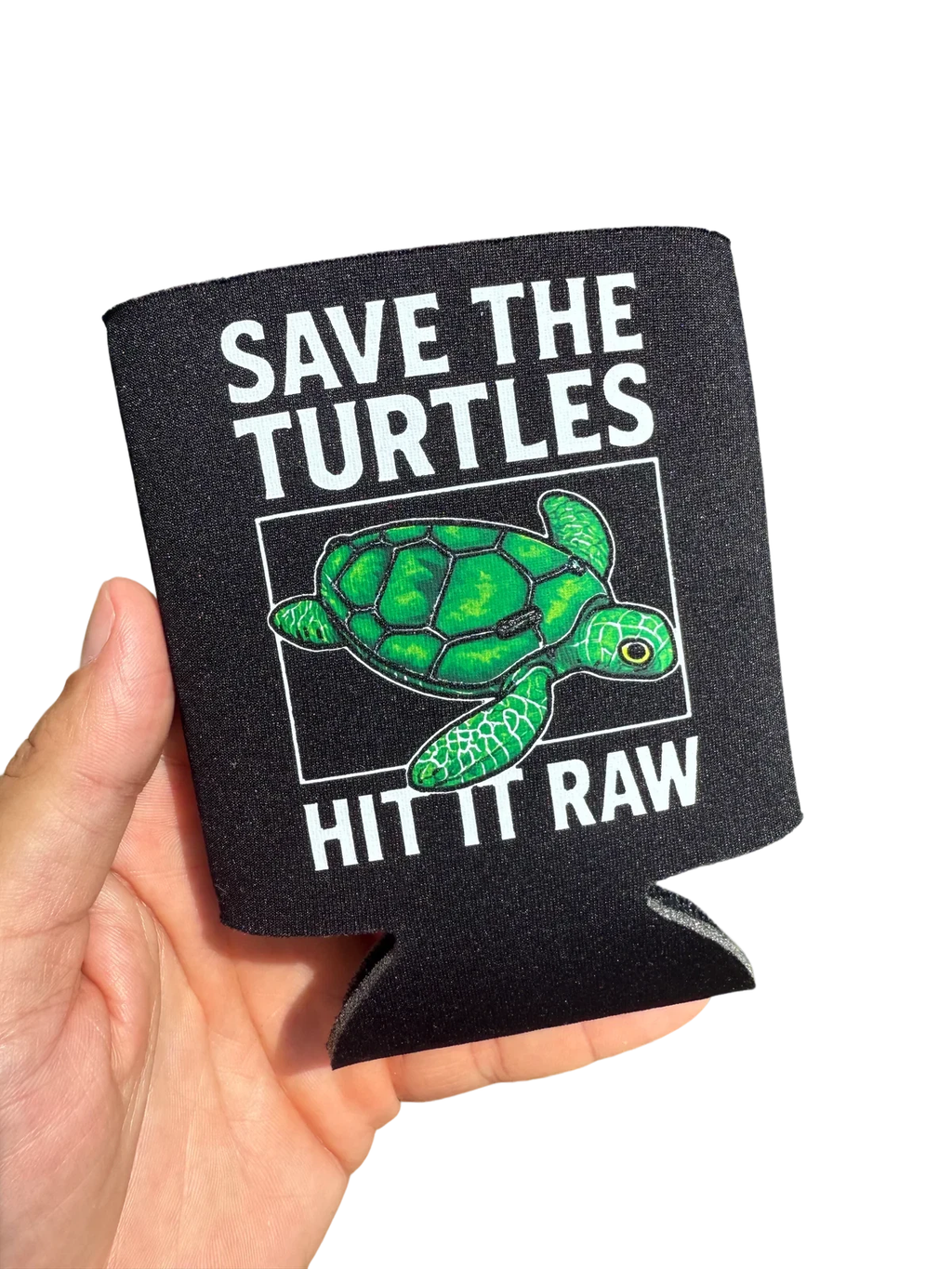 Luckless Outfitters Save the Turtles Koozie — detail close-up