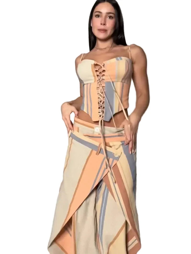 Women's Print Vest and Pleated Pants Set Lace Up