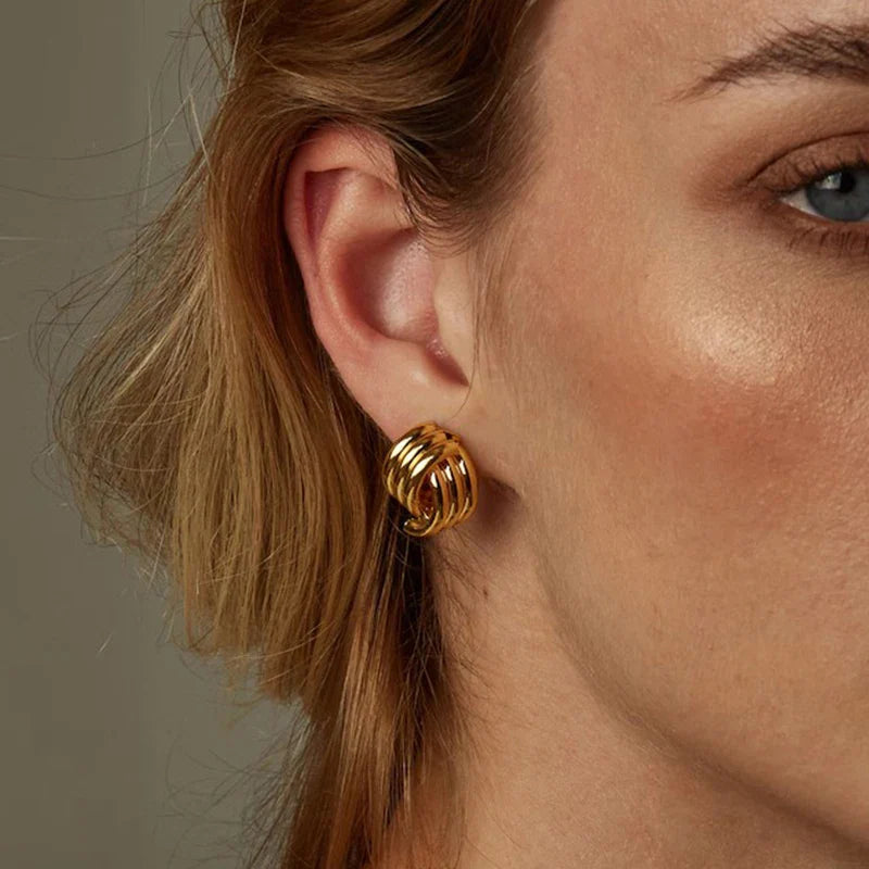 SORI STYLE Three-Layer Textured Knot Earrings for Women — detail close-up
